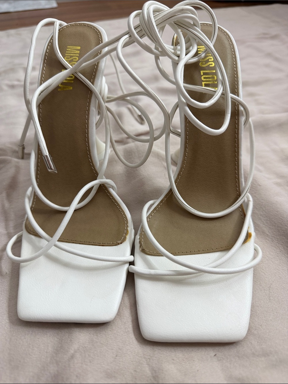 Miss Lola White Lace-Up Square Toe Heels